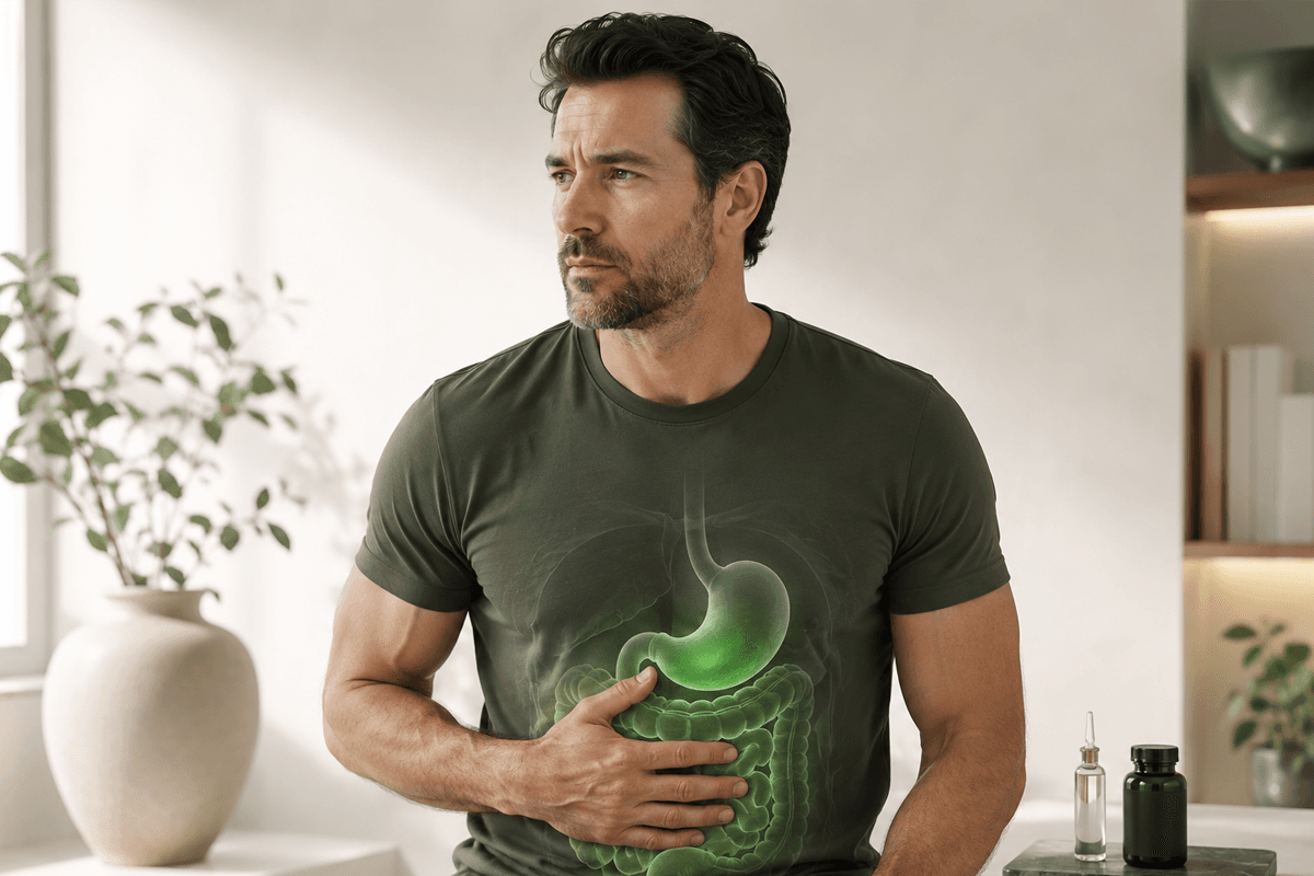 Man with stomach pain illustrating digestive issues linked to testosterone therapy.